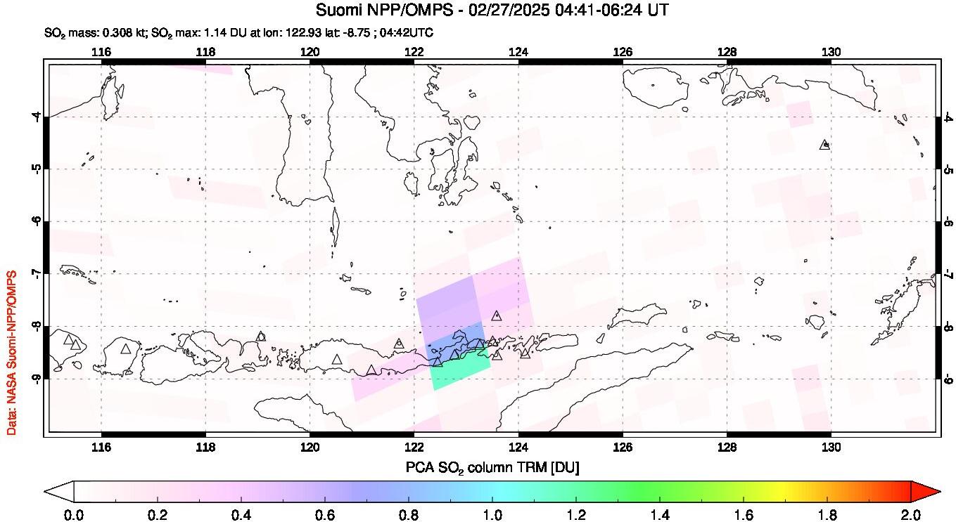 A sulfur dioxide image over Lesser Sunda Islands, Indonesia on Feb 27, 2025.