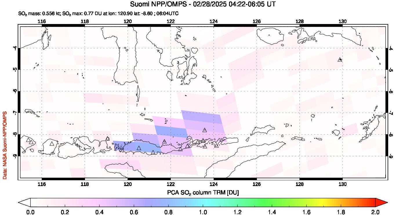 A sulfur dioxide image over Lesser Sunda Islands, Indonesia on Feb 28, 2025.