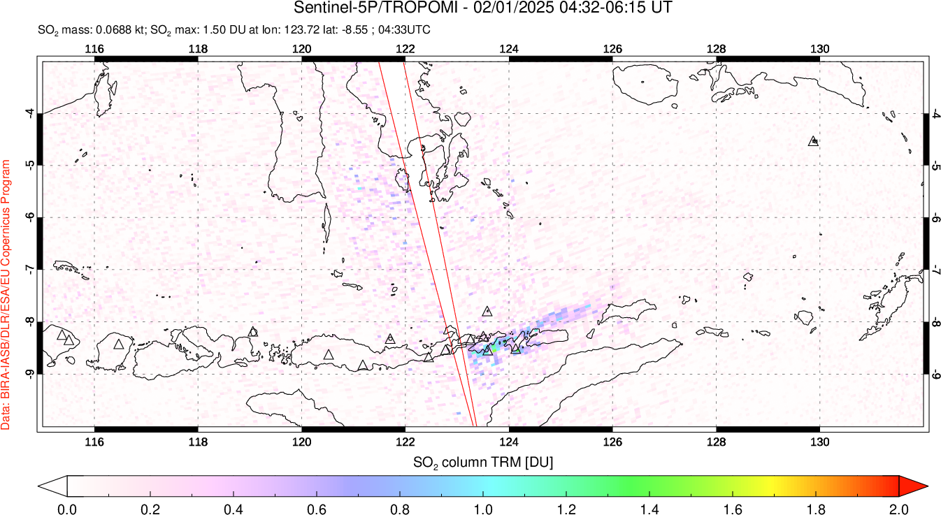 A sulfur dioxide image over Lesser Sunda Islands, Indonesia on Feb 01, 2025.