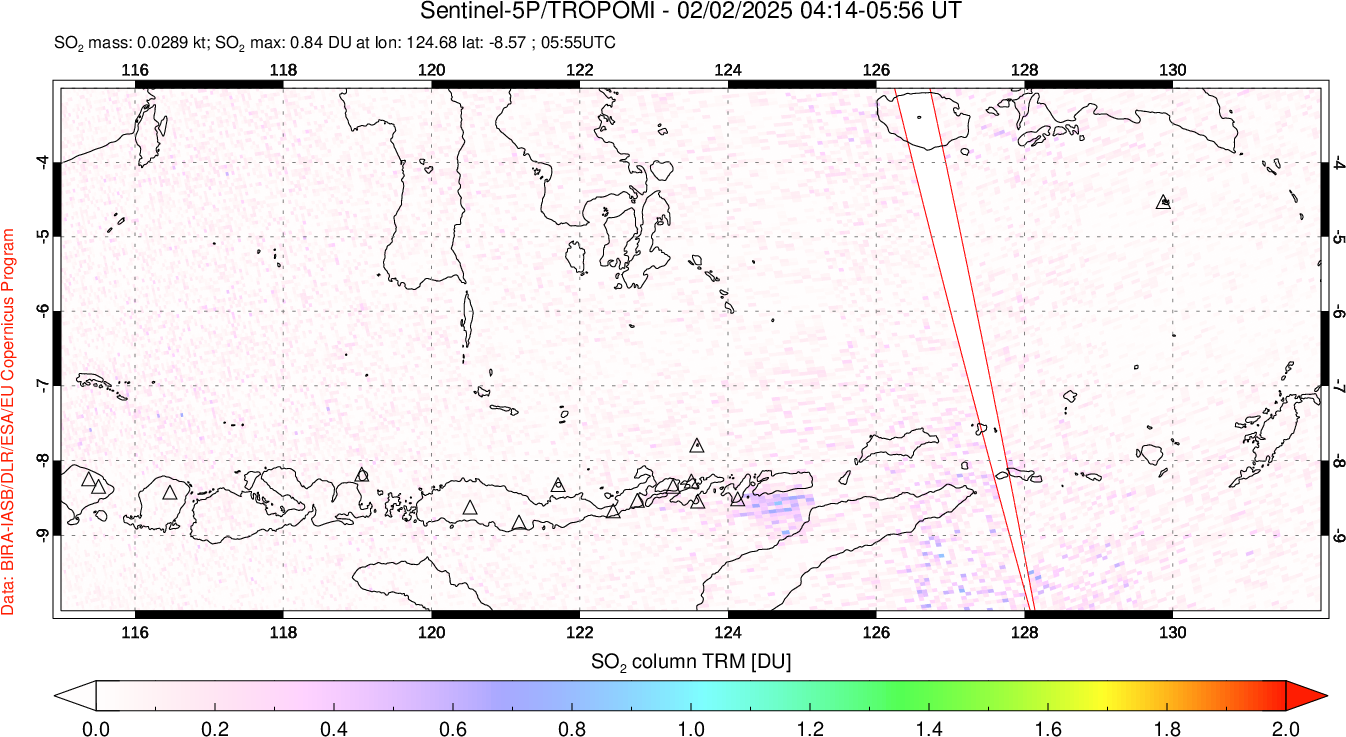 A sulfur dioxide image over Lesser Sunda Islands, Indonesia on Feb 02, 2025.