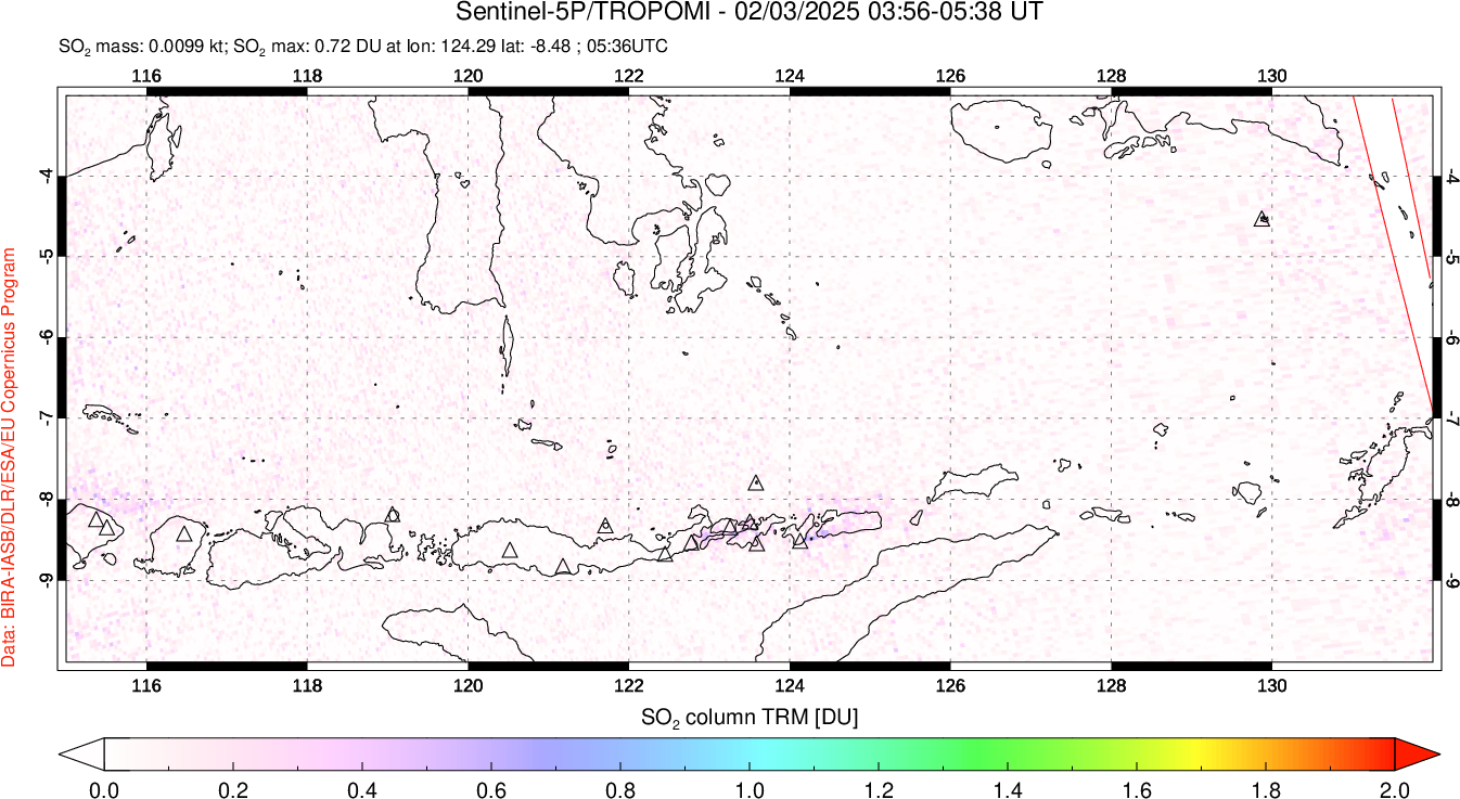 A sulfur dioxide image over Lesser Sunda Islands, Indonesia on Feb 03, 2025.