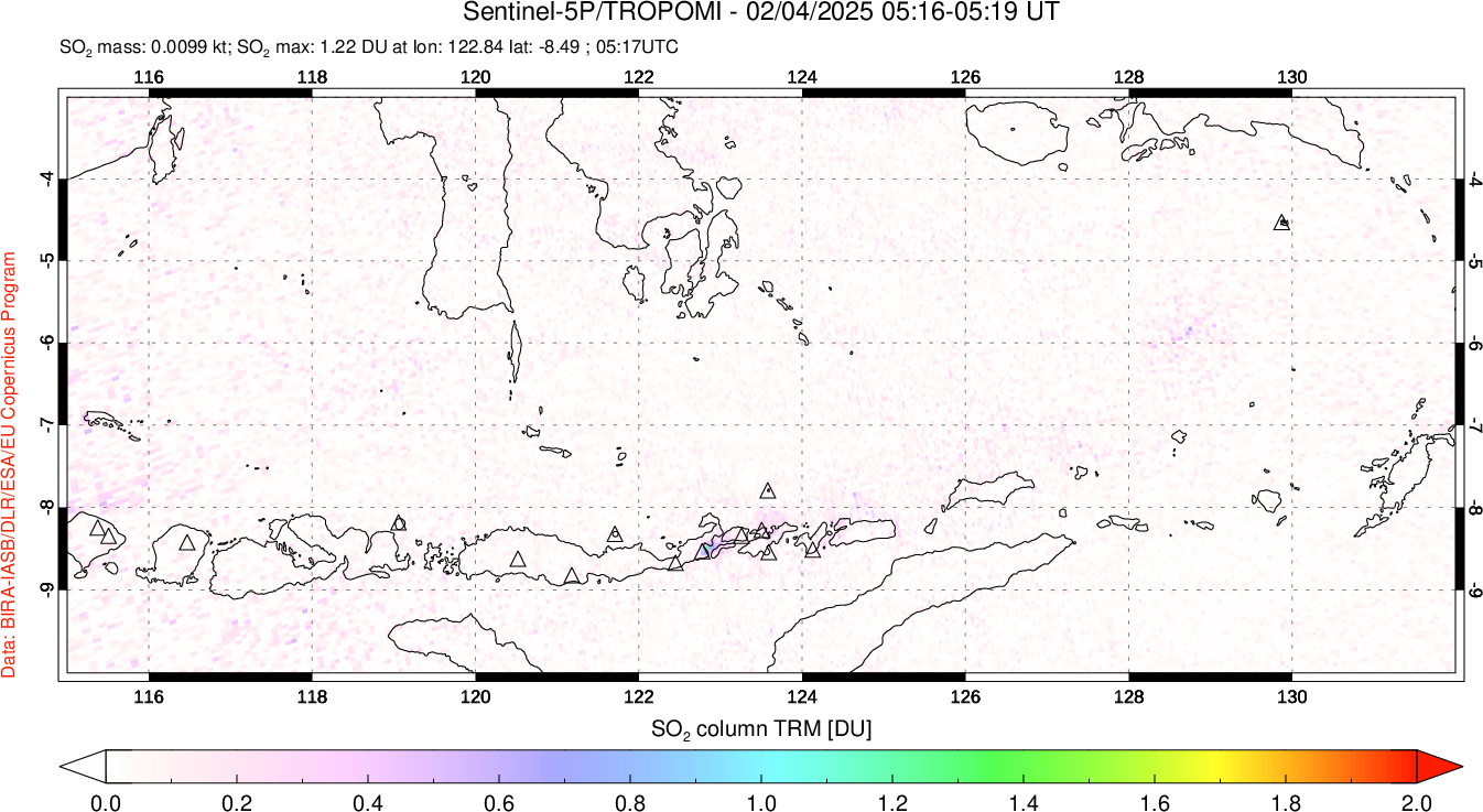 A sulfur dioxide image over Lesser Sunda Islands, Indonesia on Feb 04, 2025.