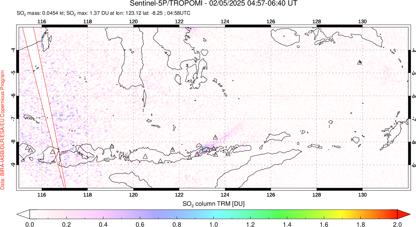 A sulfur dioxide image over Lesser Sunda Islands, Indonesia on Feb 05, 2025.