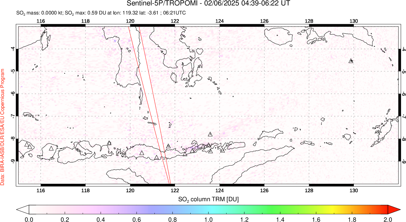 A sulfur dioxide image over Lesser Sunda Islands, Indonesia on Feb 06, 2025.