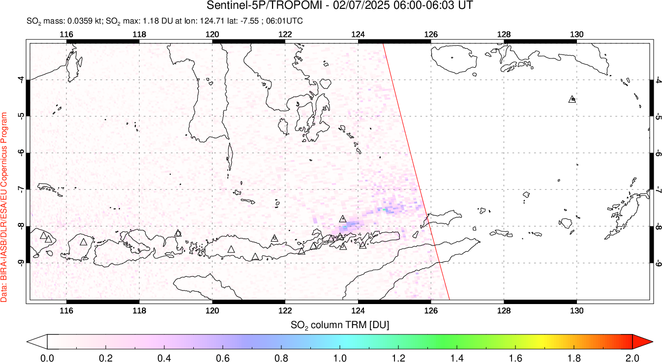 A sulfur dioxide image over Lesser Sunda Islands, Indonesia on Feb 07, 2025.