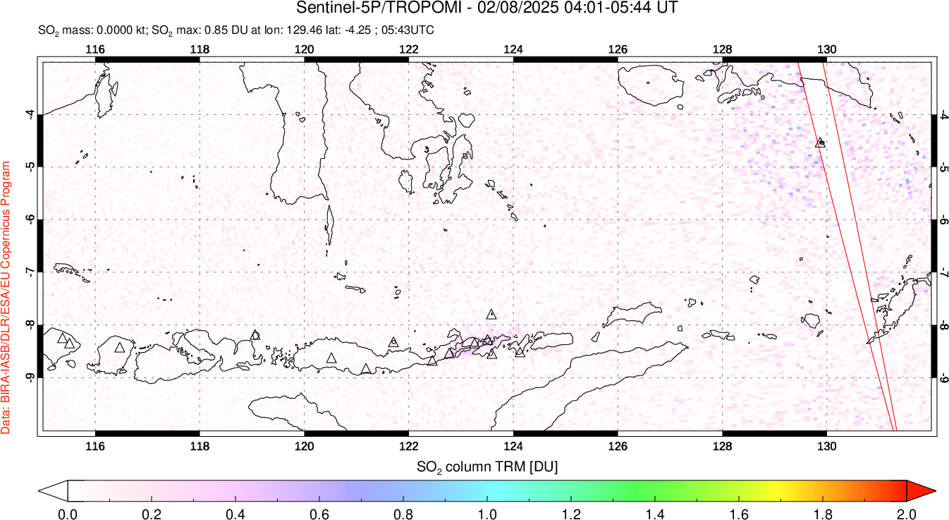 A sulfur dioxide image over Lesser Sunda Islands, Indonesia on Feb 08, 2025.