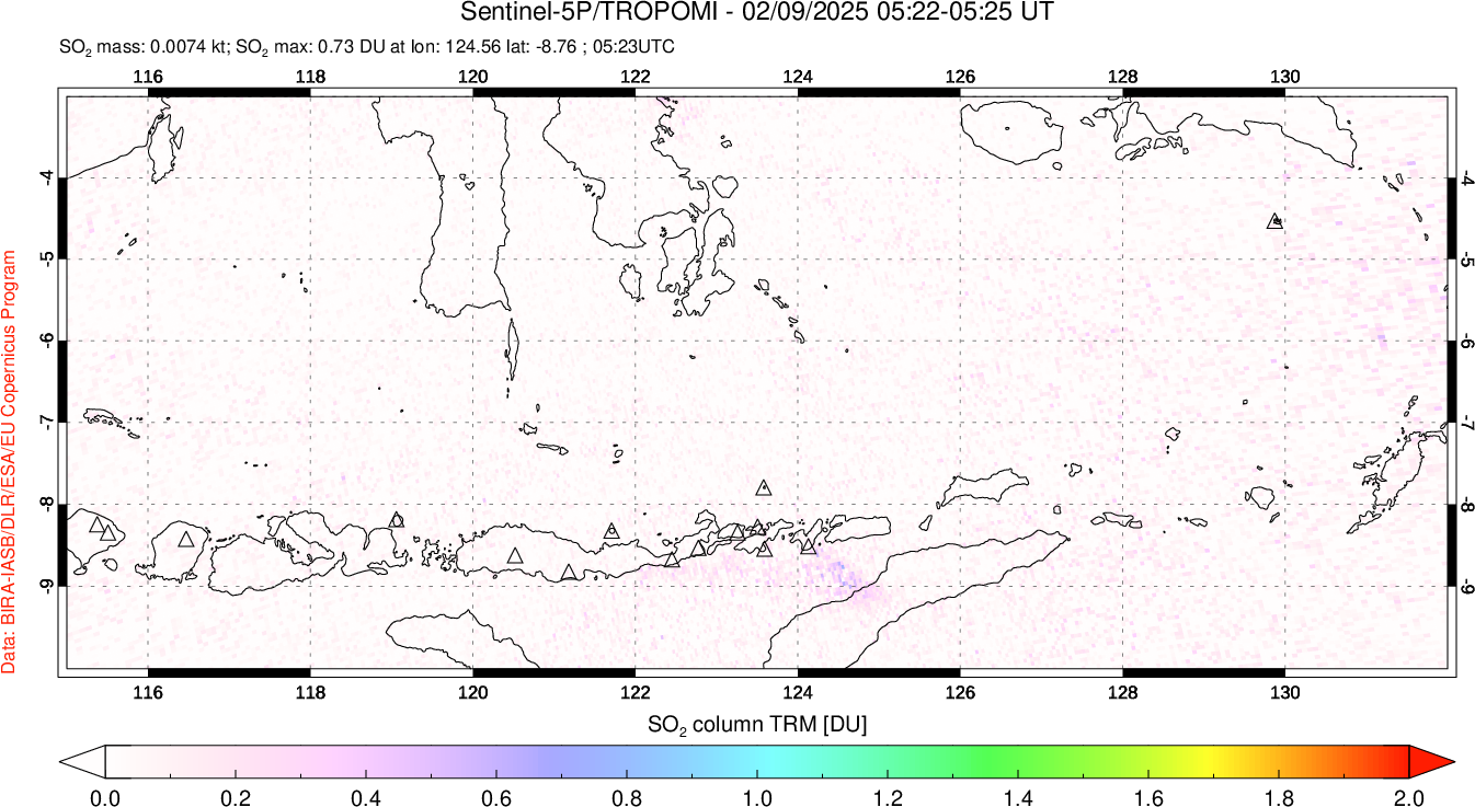 A sulfur dioxide image over Lesser Sunda Islands, Indonesia on Feb 09, 2025.