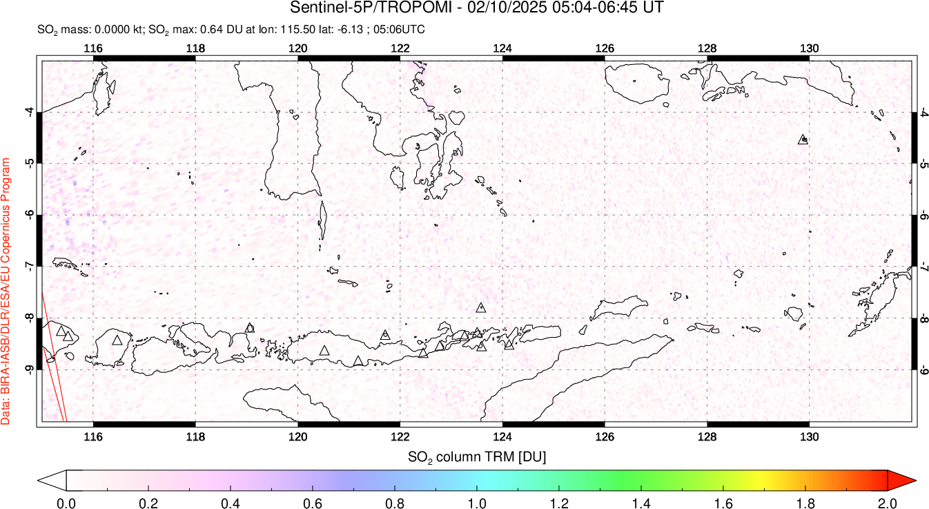 A sulfur dioxide image over Lesser Sunda Islands, Indonesia on Feb 10, 2025.