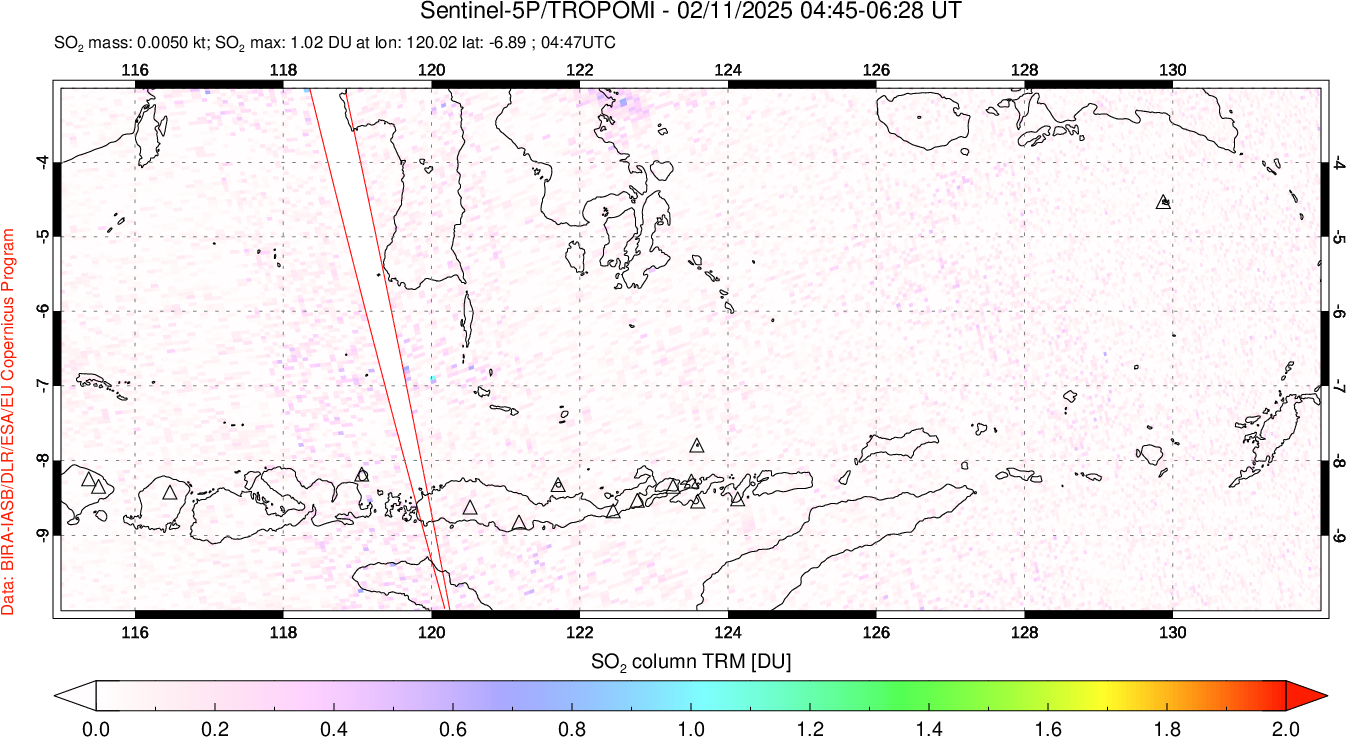 A sulfur dioxide image over Lesser Sunda Islands, Indonesia on Feb 11, 2025.