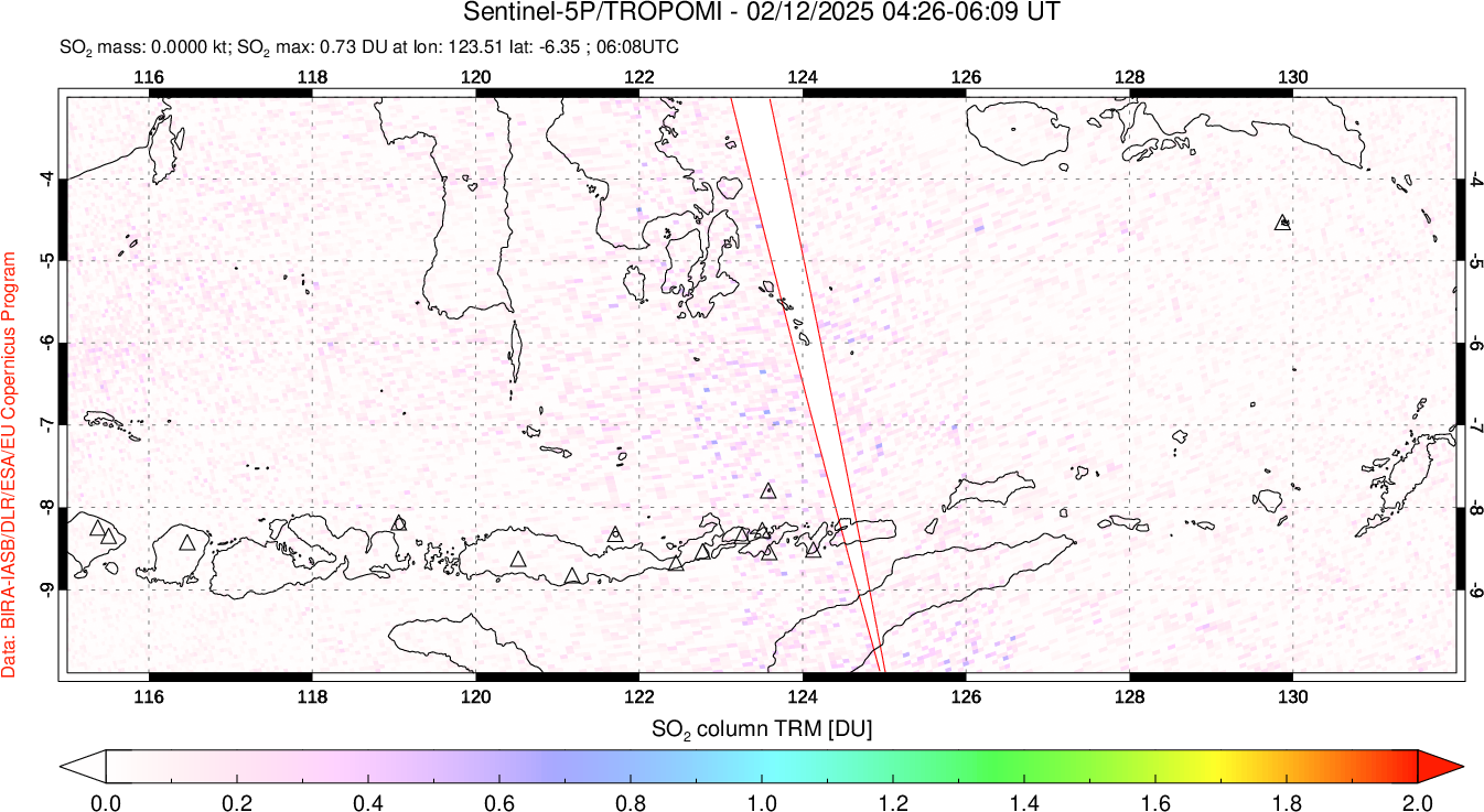 A sulfur dioxide image over Lesser Sunda Islands, Indonesia on Feb 12, 2025.