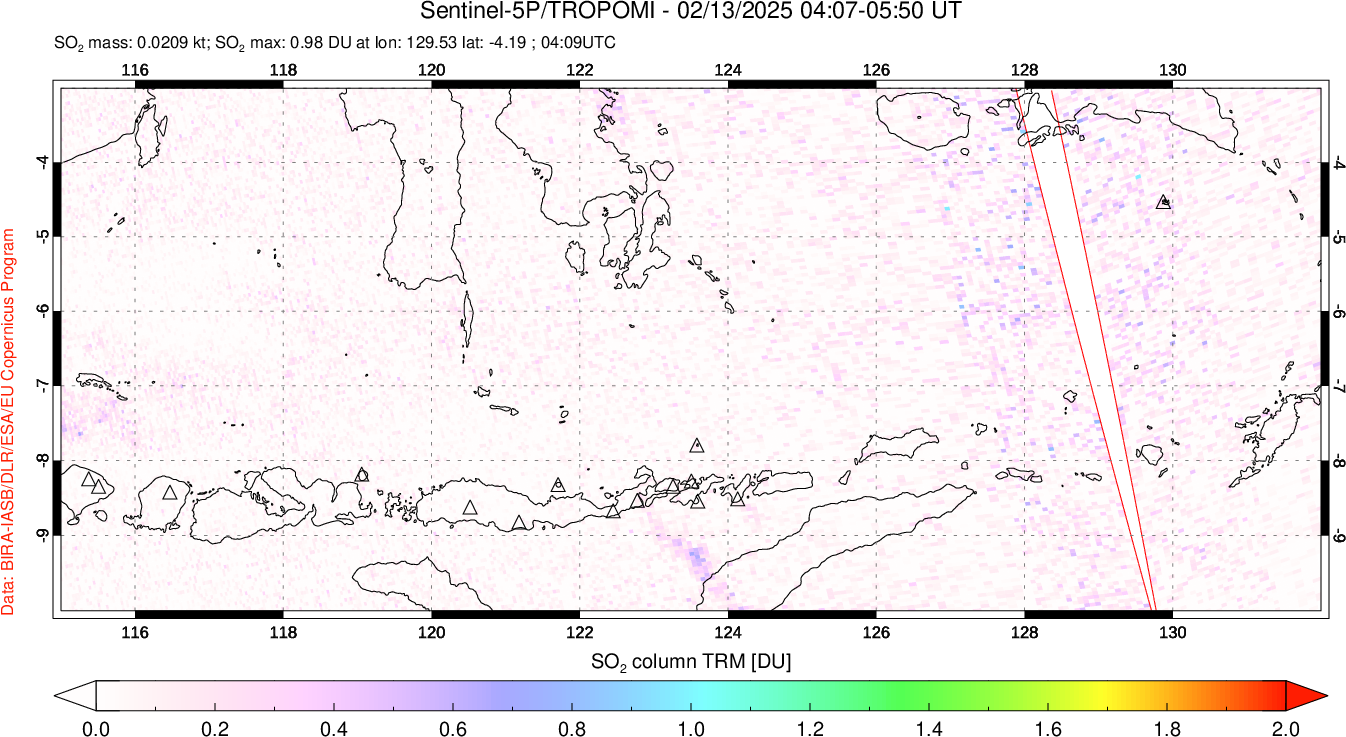 A sulfur dioxide image over Lesser Sunda Islands, Indonesia on Feb 13, 2025.