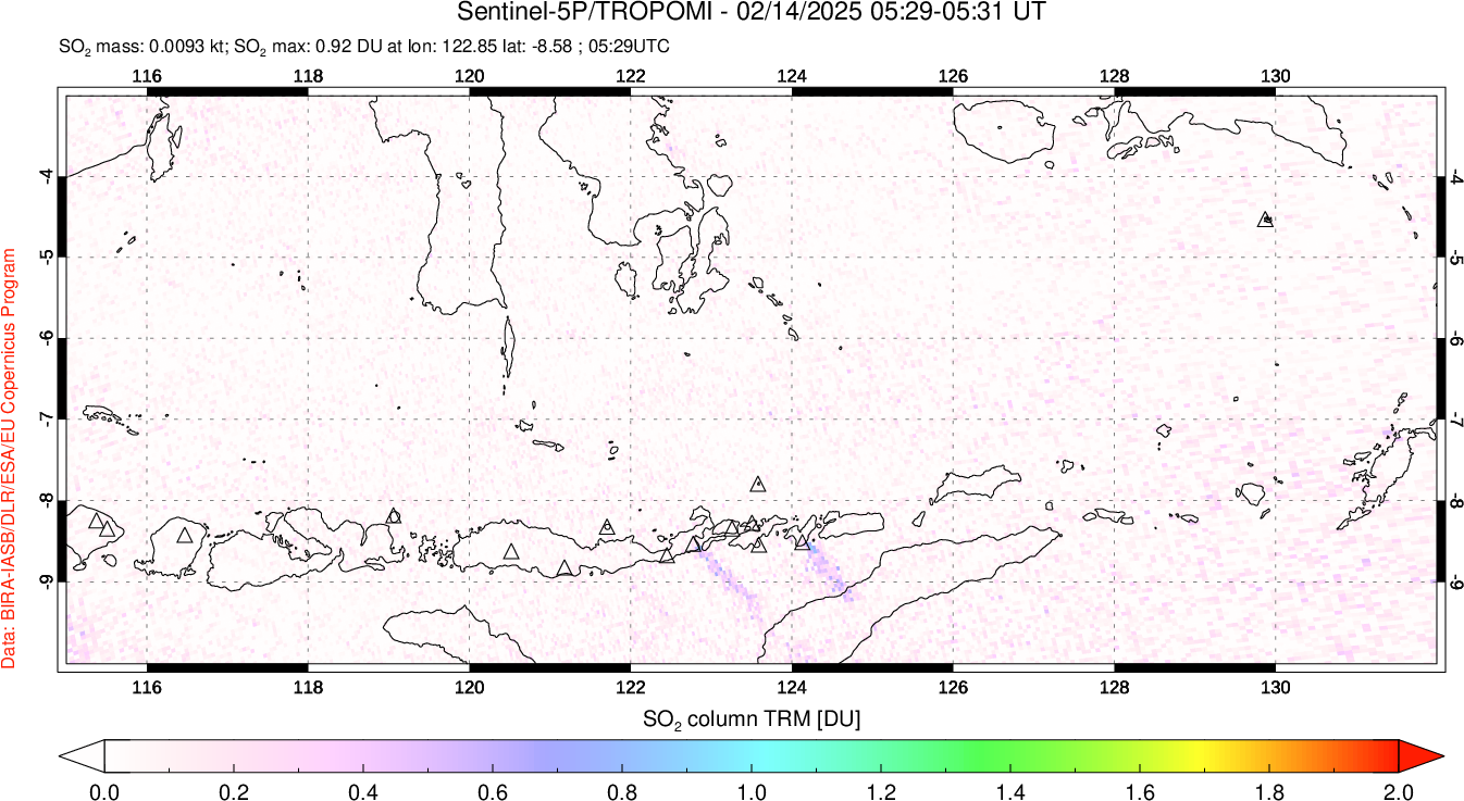 A sulfur dioxide image over Lesser Sunda Islands, Indonesia on Feb 14, 2025.