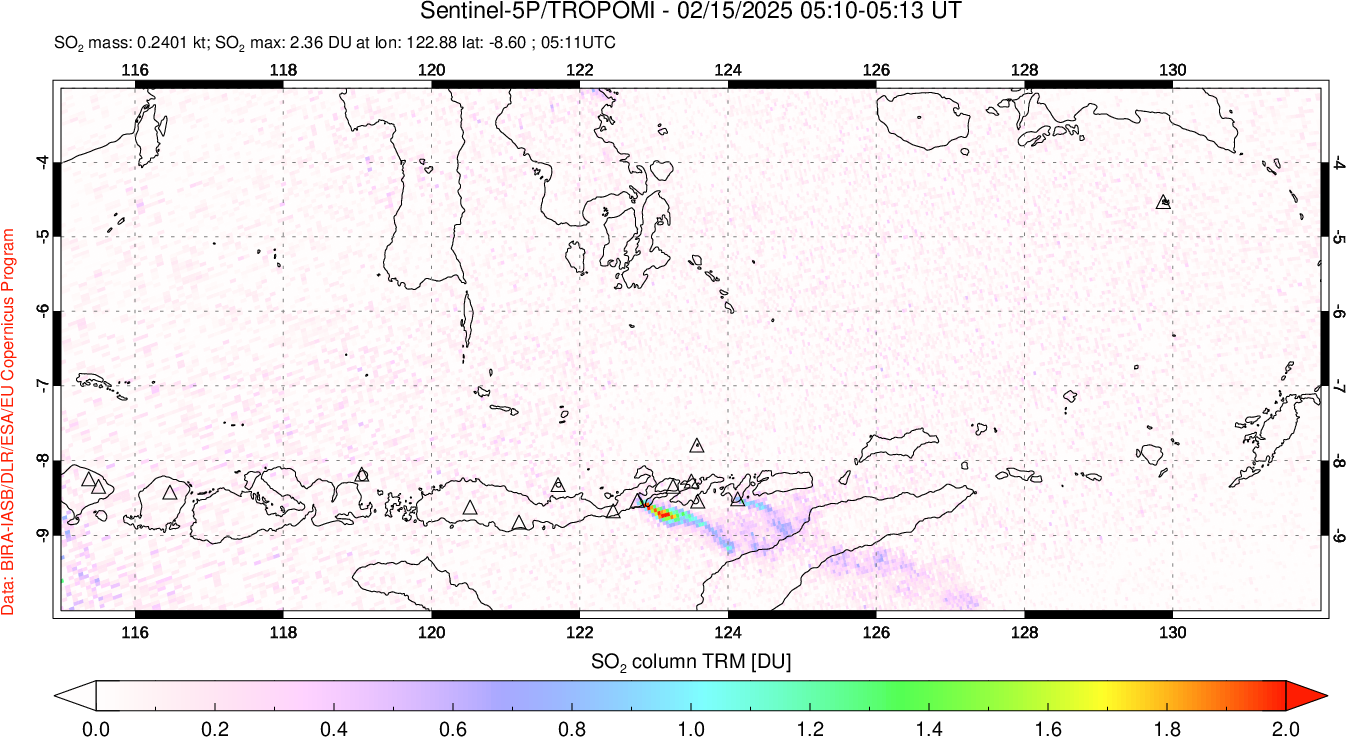 A sulfur dioxide image over Lesser Sunda Islands, Indonesia on Feb 15, 2025.