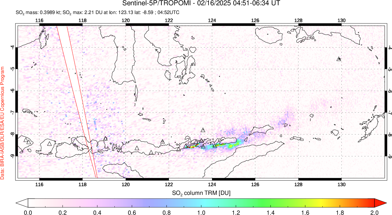 A sulfur dioxide image over Lesser Sunda Islands, Indonesia on Feb 16, 2025.