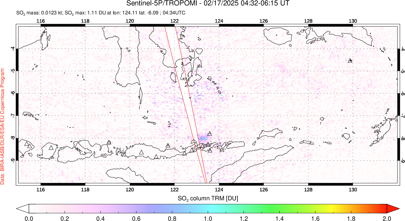 A sulfur dioxide image over Lesser Sunda Islands, Indonesia on Feb 17, 2025.