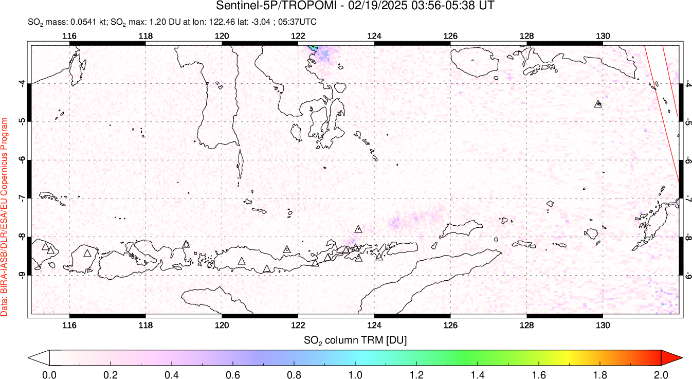 A sulfur dioxide image over Lesser Sunda Islands, Indonesia on Feb 19, 2025.