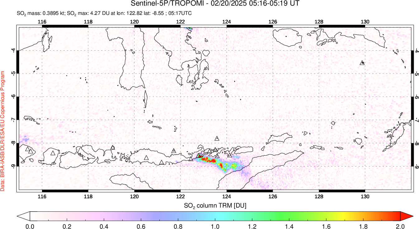 A sulfur dioxide image over Lesser Sunda Islands, Indonesia on Feb 20, 2025.