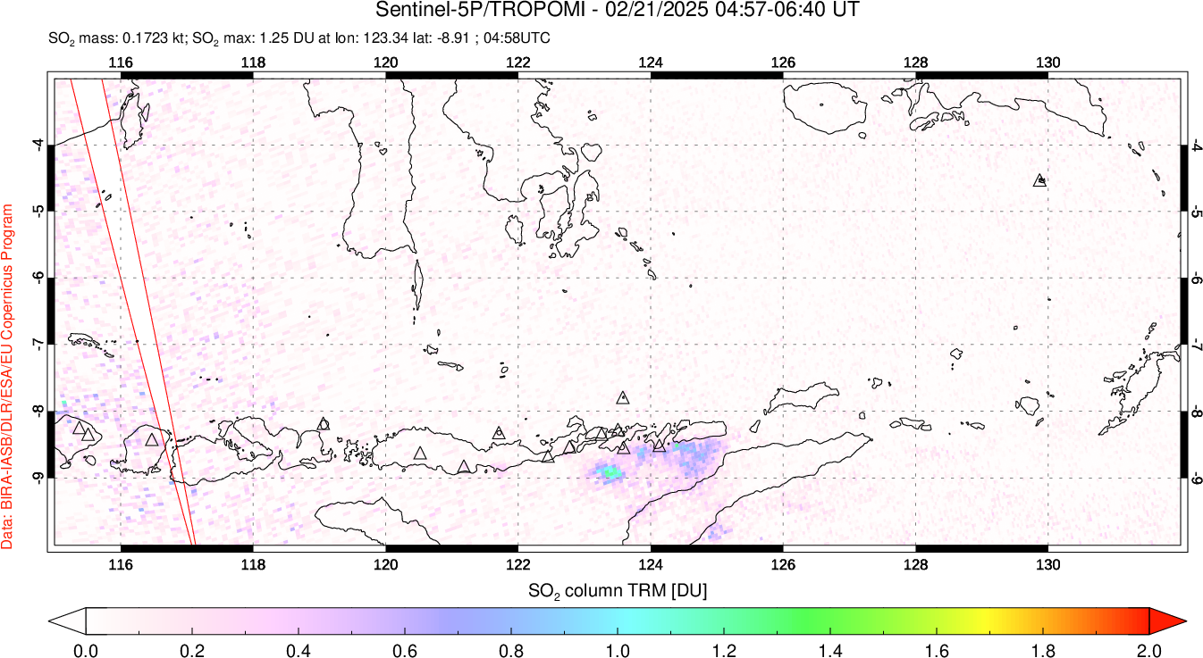 A sulfur dioxide image over Lesser Sunda Islands, Indonesia on Feb 21, 2025.