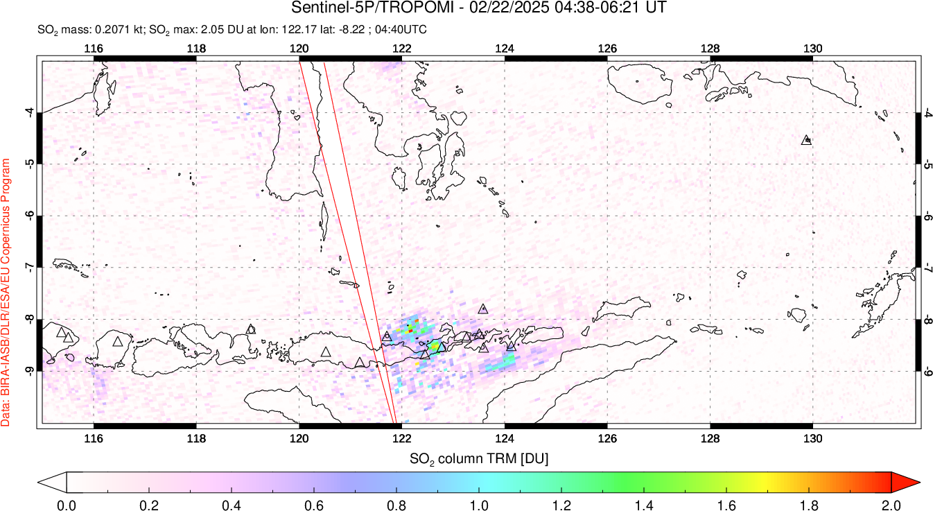 A sulfur dioxide image over Lesser Sunda Islands, Indonesia on Feb 22, 2025.