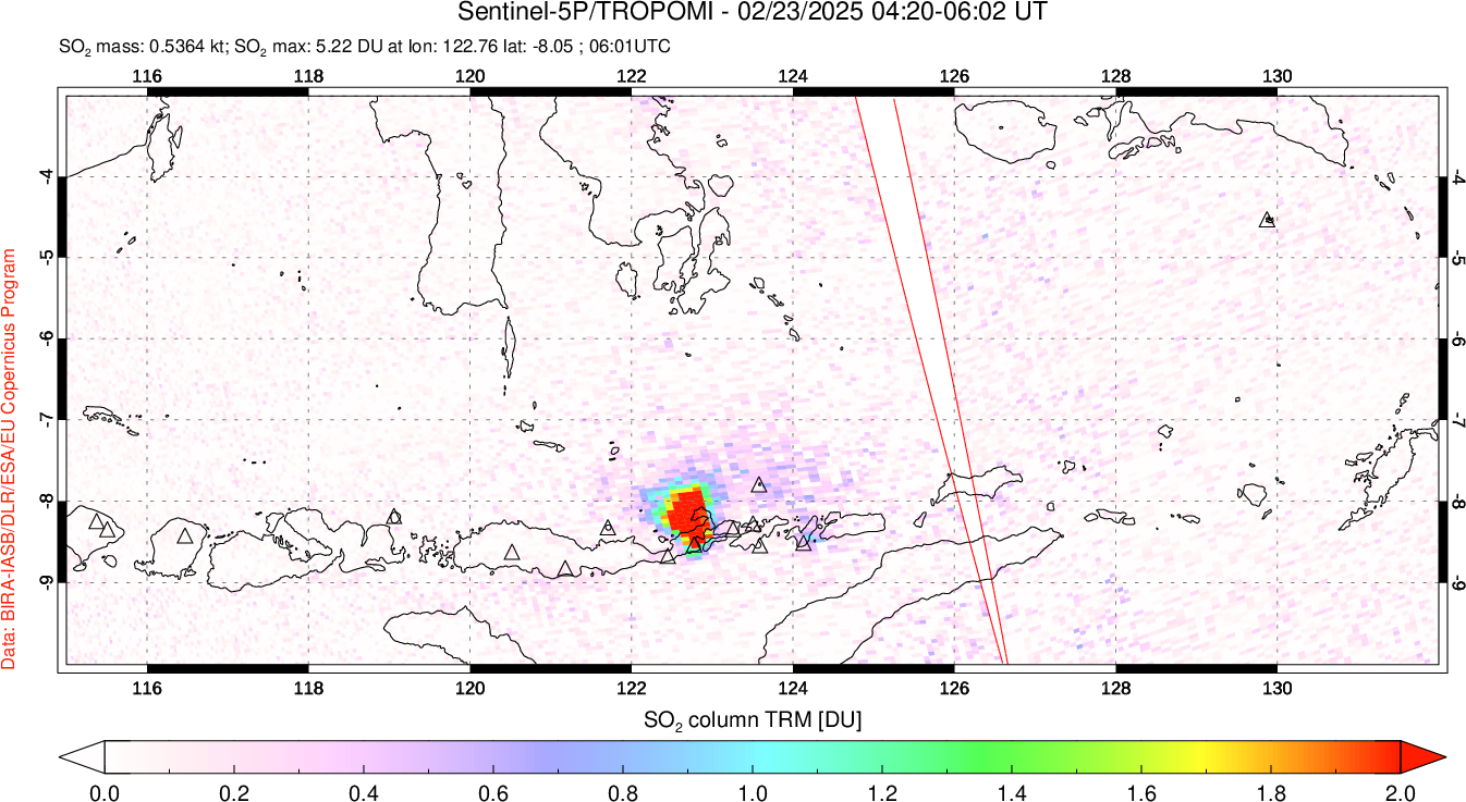 A sulfur dioxide image over Lesser Sunda Islands, Indonesia on Feb 23, 2025.