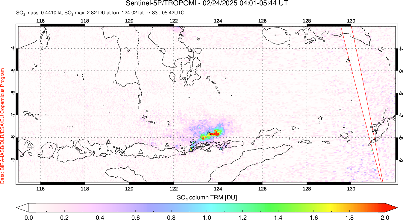 A sulfur dioxide image over Lesser Sunda Islands, Indonesia on Feb 24, 2025.