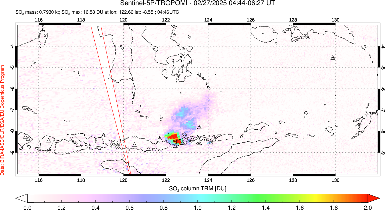 A sulfur dioxide image over Lesser Sunda Islands, Indonesia on Feb 27, 2025.