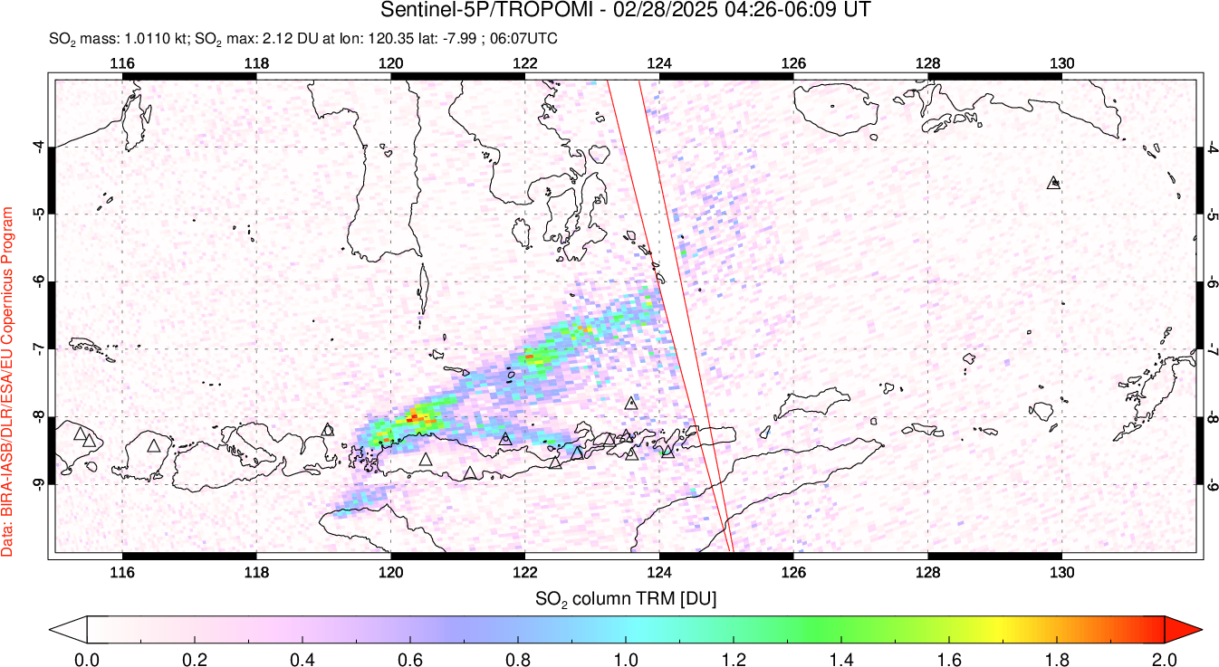 A sulfur dioxide image over Lesser Sunda Islands, Indonesia on Feb 28, 2025.