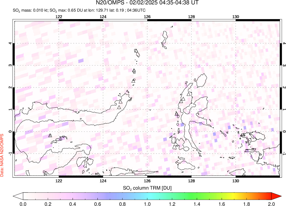 A sulfur dioxide image over Northern Sulawesi & Halmahera, Indonesia on Feb 02, 2025.