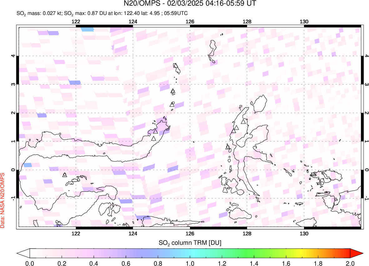 A sulfur dioxide image over Northern Sulawesi & Halmahera, Indonesia on Feb 03, 2025.