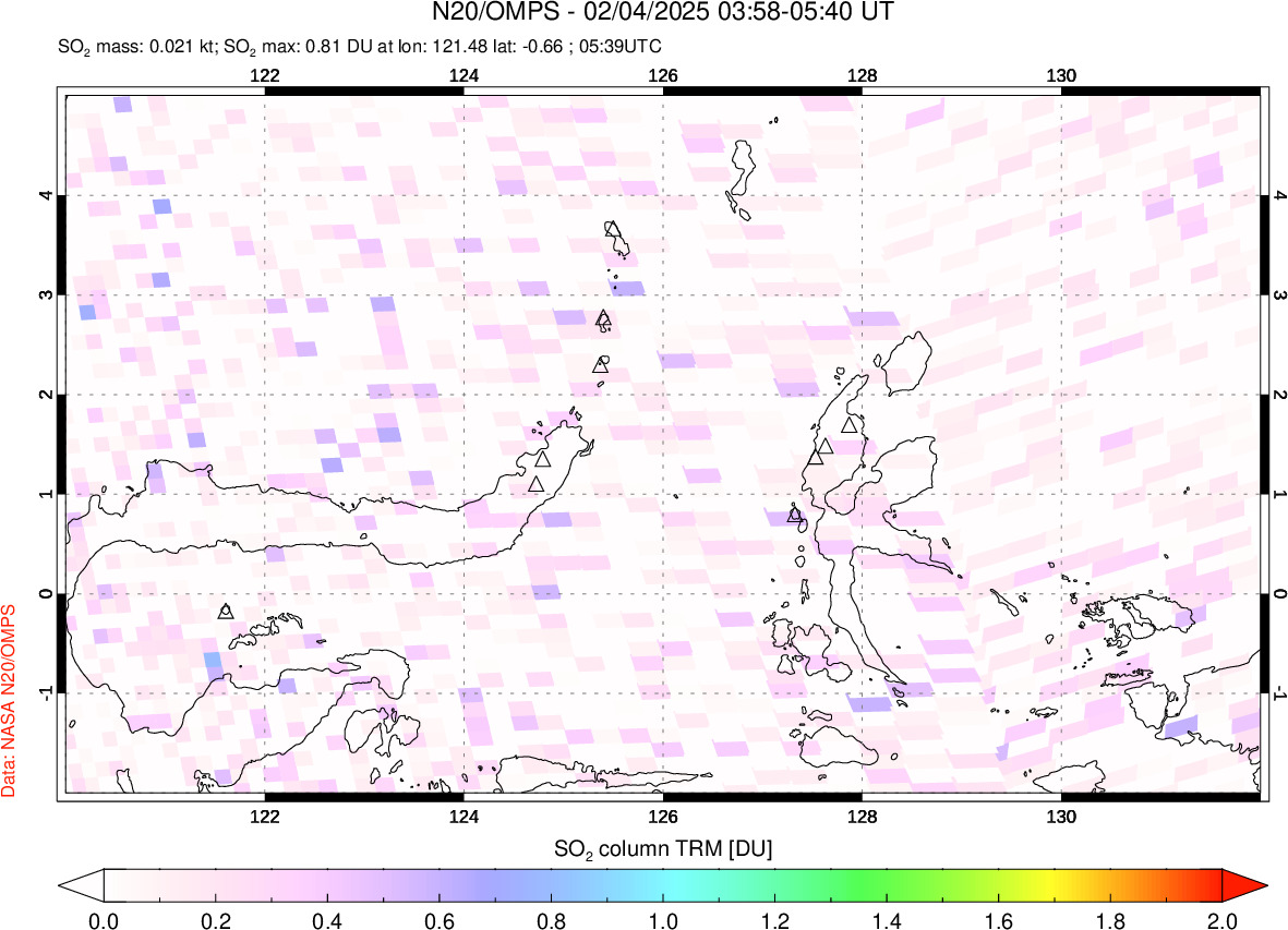 A sulfur dioxide image over Northern Sulawesi & Halmahera, Indonesia on Feb 04, 2025.