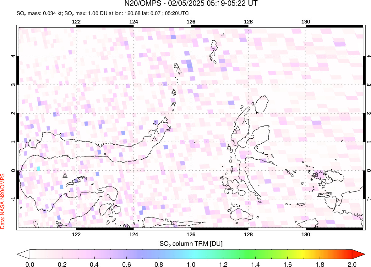 A sulfur dioxide image over Northern Sulawesi & Halmahera, Indonesia on Feb 05, 2025.