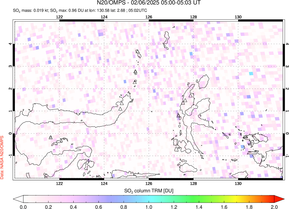 A sulfur dioxide image over Northern Sulawesi & Halmahera, Indonesia on Feb 06, 2025.