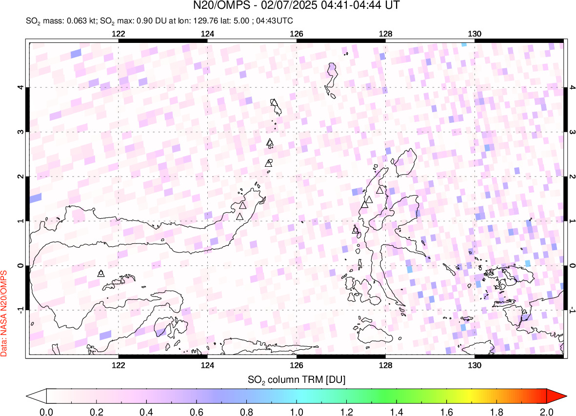 A sulfur dioxide image over Northern Sulawesi & Halmahera, Indonesia on Feb 07, 2025.