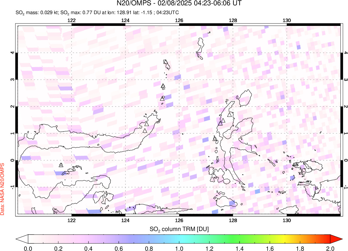 A sulfur dioxide image over Northern Sulawesi & Halmahera, Indonesia on Feb 08, 2025.