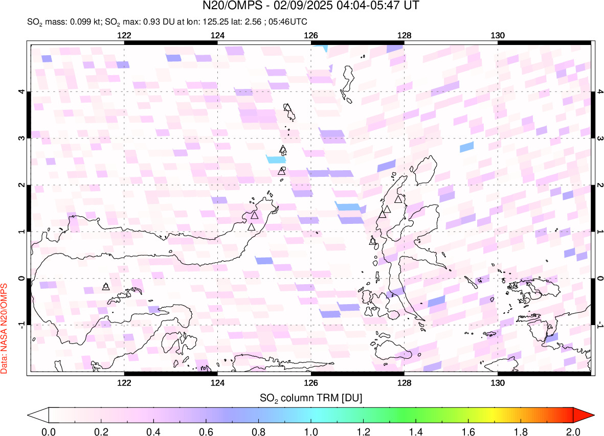 A sulfur dioxide image over Northern Sulawesi & Halmahera, Indonesia on Feb 09, 2025.