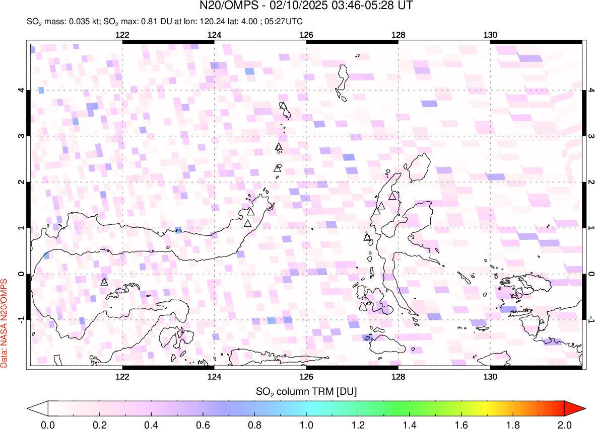 A sulfur dioxide image over Northern Sulawesi & Halmahera, Indonesia on Feb 10, 2025.