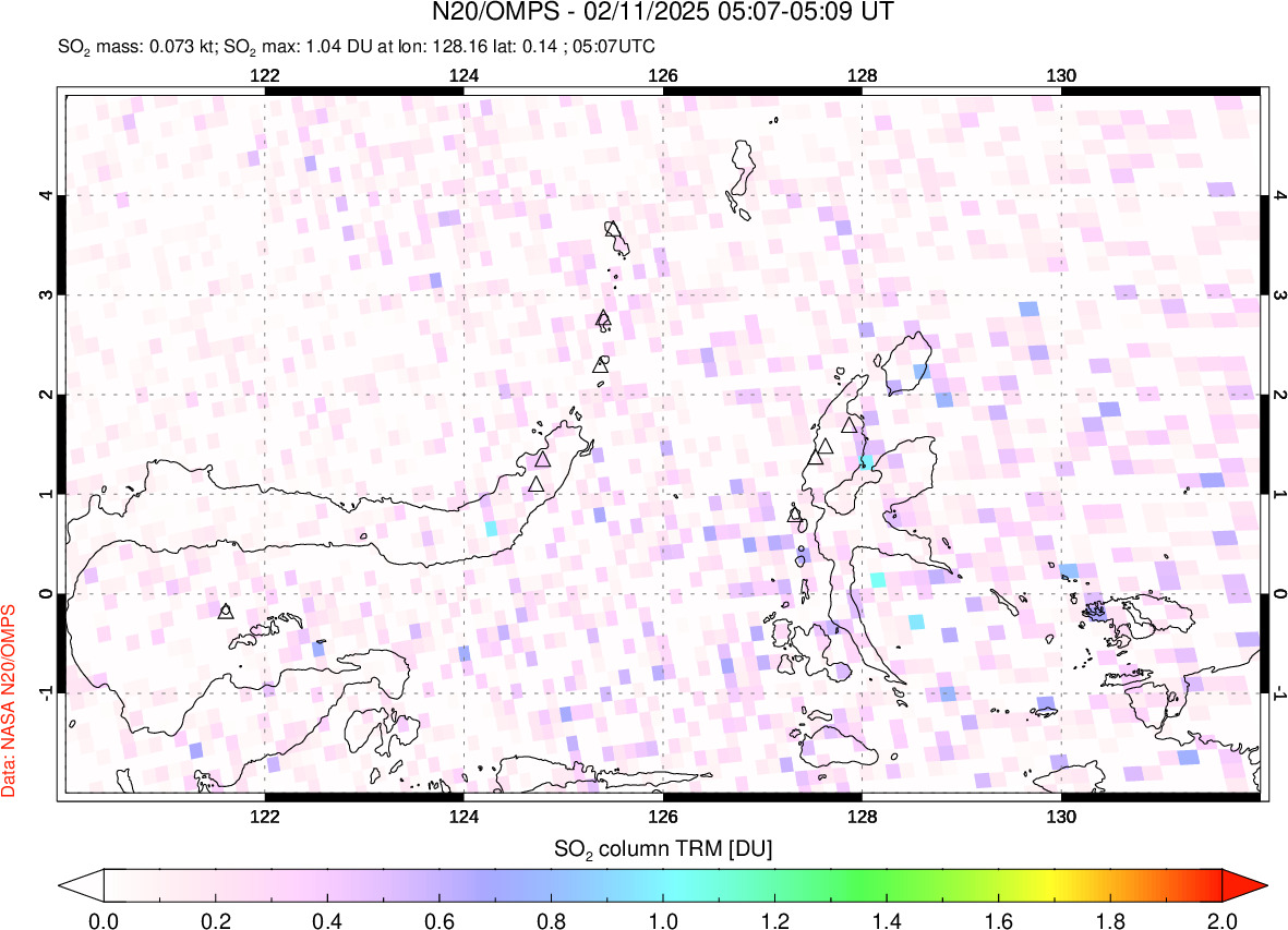 A sulfur dioxide image over Northern Sulawesi & Halmahera, Indonesia on Feb 11, 2025.