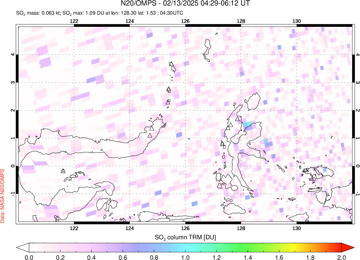 A sulfur dioxide image over Northern Sulawesi & Halmahera, Indonesia on Feb 13, 2025.