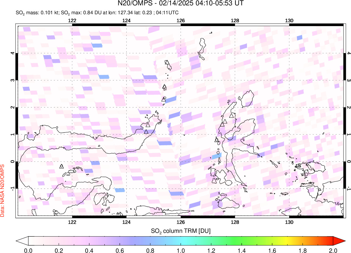 A sulfur dioxide image over Northern Sulawesi & Halmahera, Indonesia on Feb 14, 2025.