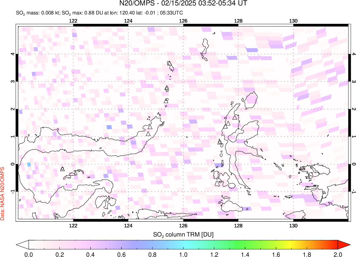 A sulfur dioxide image over Northern Sulawesi & Halmahera, Indonesia on Feb 15, 2025.