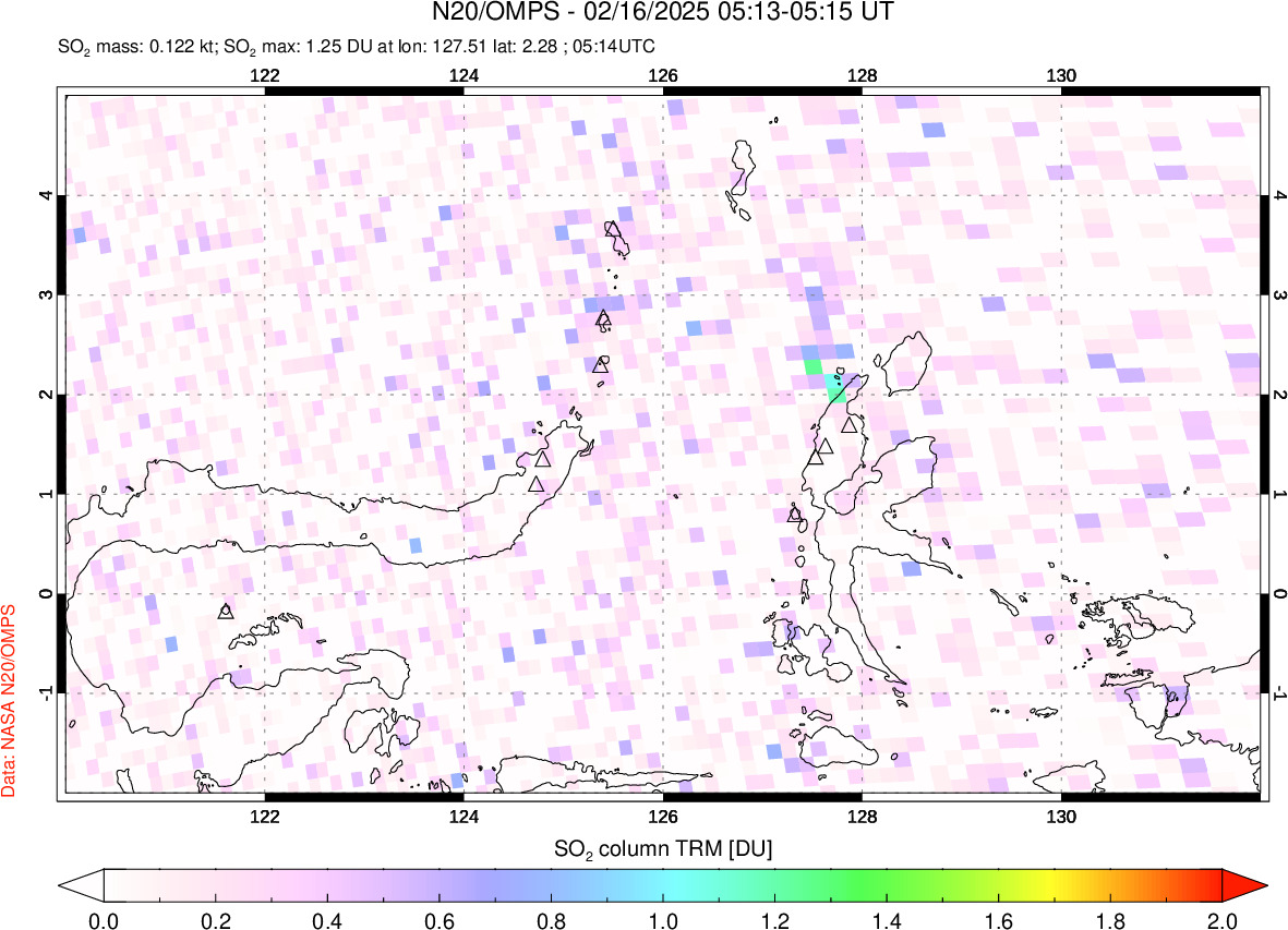 A sulfur dioxide image over Northern Sulawesi & Halmahera, Indonesia on Feb 16, 2025.