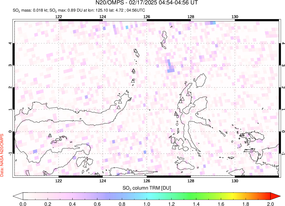 A sulfur dioxide image over Northern Sulawesi & Halmahera, Indonesia on Feb 17, 2025.