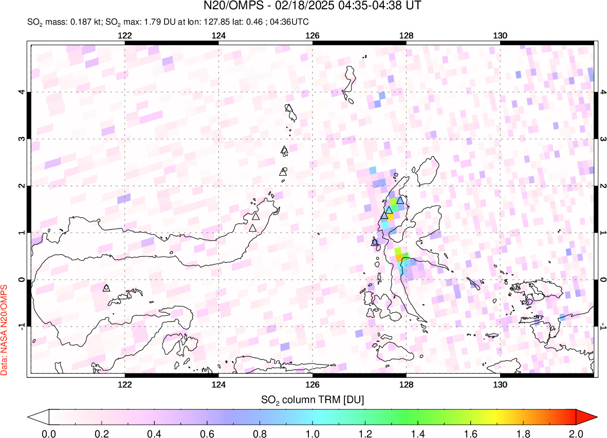 A sulfur dioxide image over Northern Sulawesi & Halmahera, Indonesia on Feb 18, 2025.