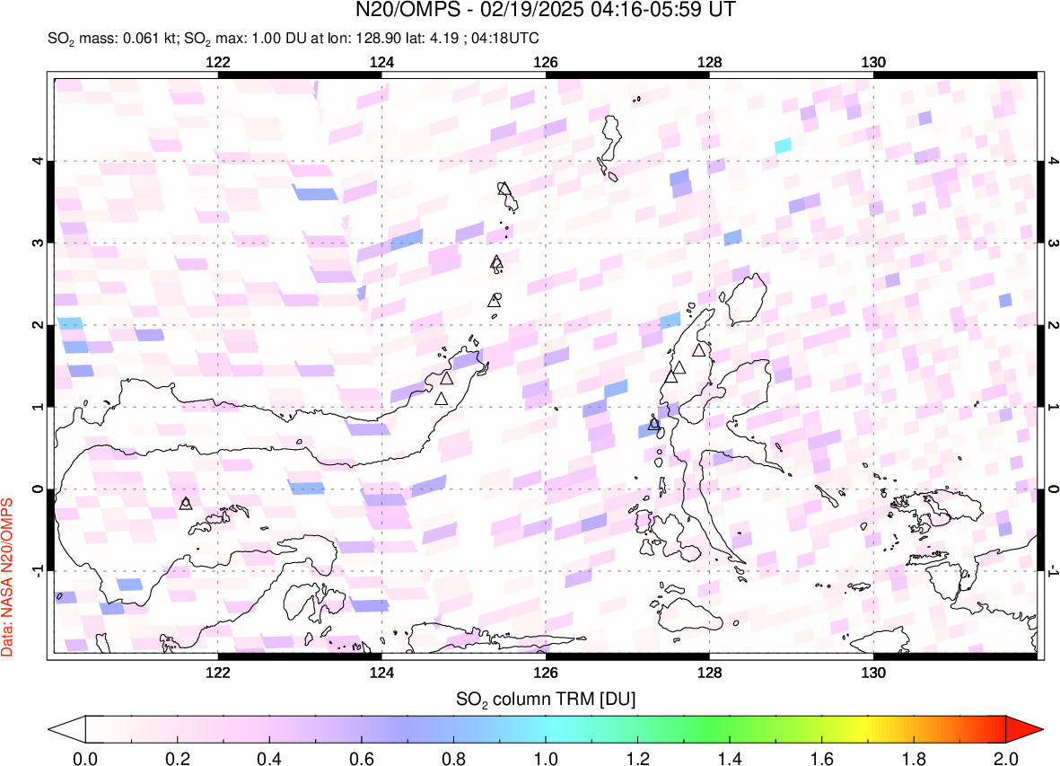 A sulfur dioxide image over Northern Sulawesi & Halmahera, Indonesia on Feb 19, 2025.