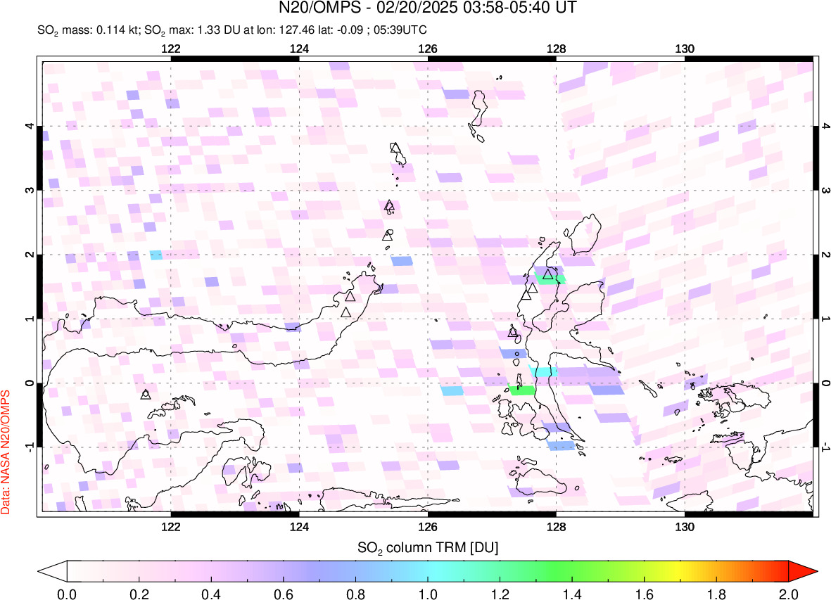 A sulfur dioxide image over Northern Sulawesi & Halmahera, Indonesia on Feb 20, 2025.