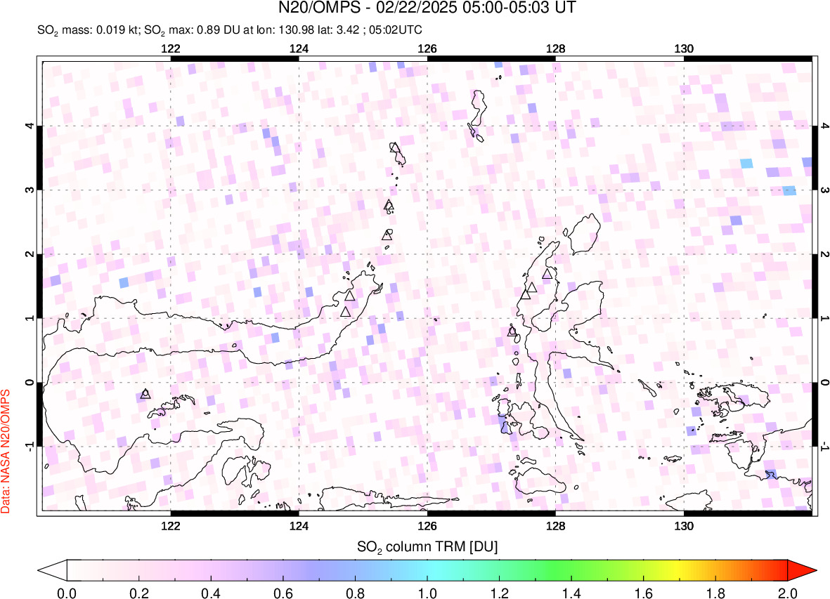 A sulfur dioxide image over Northern Sulawesi & Halmahera, Indonesia on Feb 22, 2025.