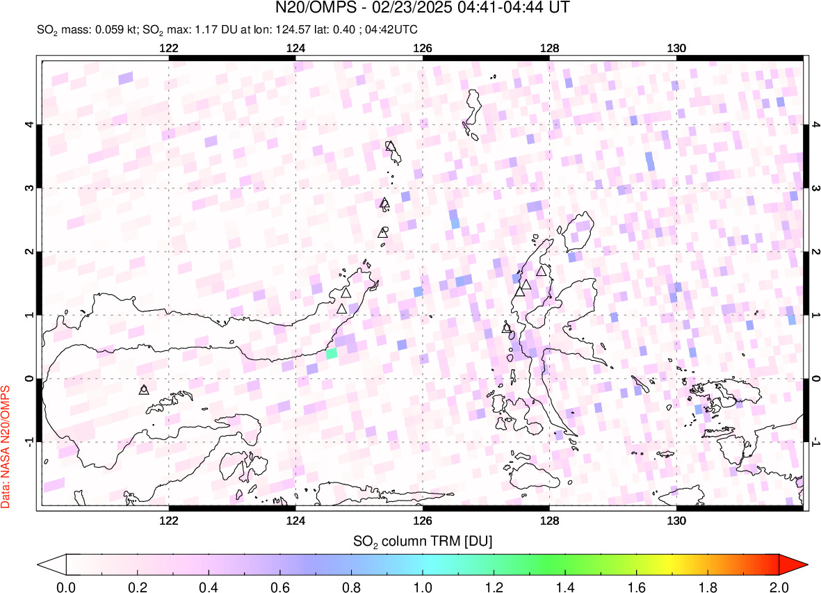 A sulfur dioxide image over Northern Sulawesi & Halmahera, Indonesia on Feb 23, 2025.