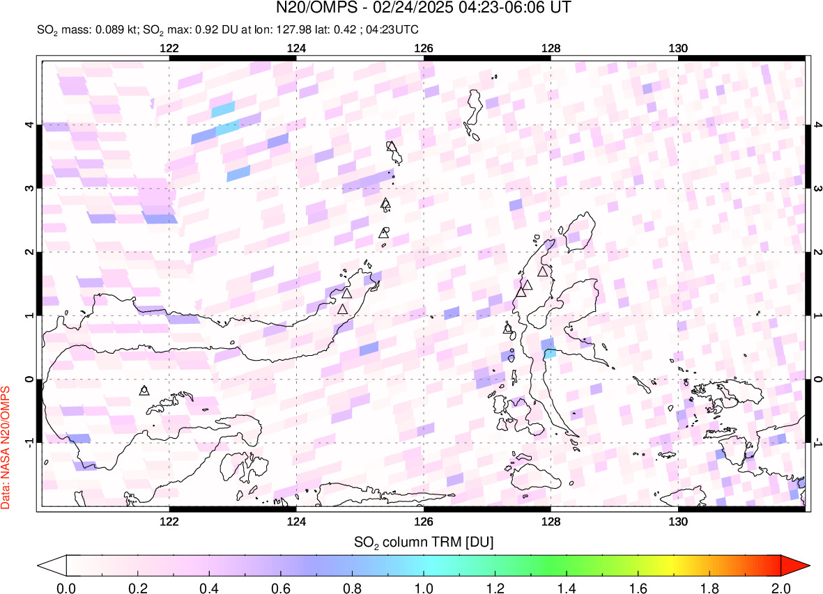 A sulfur dioxide image over Northern Sulawesi & Halmahera, Indonesia on Feb 24, 2025.