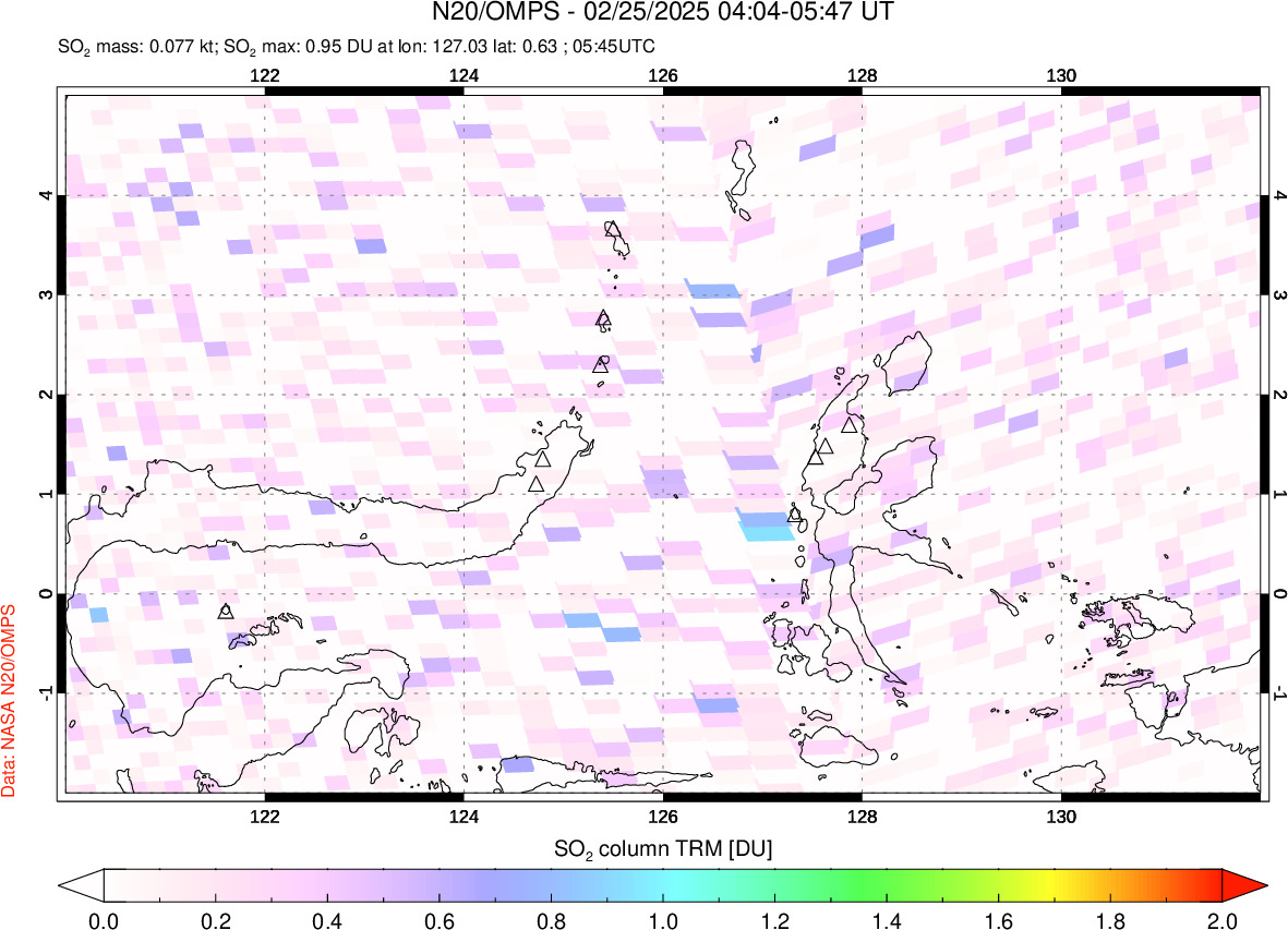 A sulfur dioxide image over Northern Sulawesi & Halmahera, Indonesia on Feb 25, 2025.