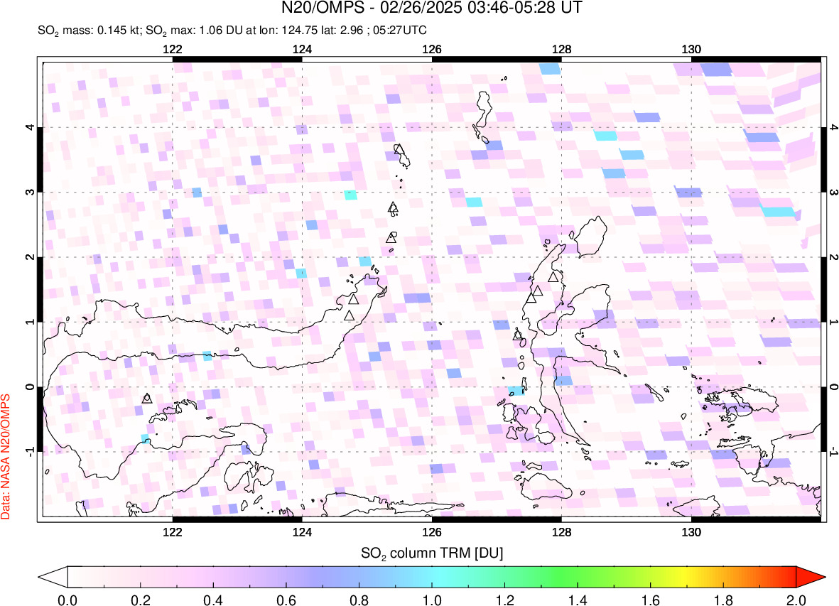 A sulfur dioxide image over Northern Sulawesi & Halmahera, Indonesia on Feb 26, 2025.